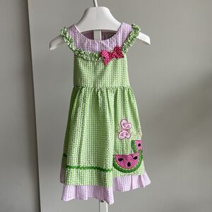 Y2K Emily Rose Girls Size 2T Green Pink White Seersucker Watermelon Dress Summer